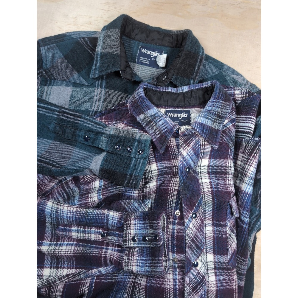 2x Vintage Y2k Wrangler Plaid Pearl Snap Long Sleeve Long Tail Shirts 17.5-35 XL